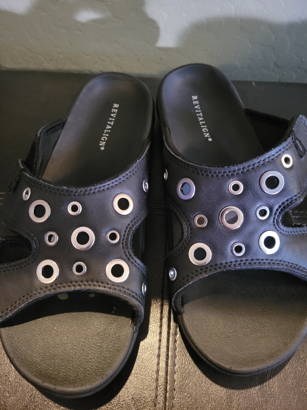 Revitalign Black Slide Sandals with Silver Grommets Womens Size 10DBlack